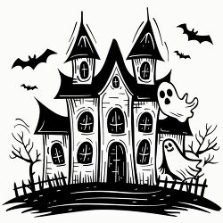 vintage haunted mansion with bats and spooky ghosts