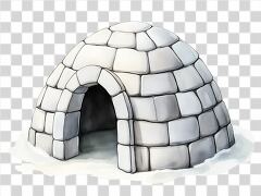 A detailed depiction of a retro igloo nestled in a snowy setting. The structure showcases unique stonework, surrounded by a serene blanket of white snow, conveying a classic winter atmosphere.