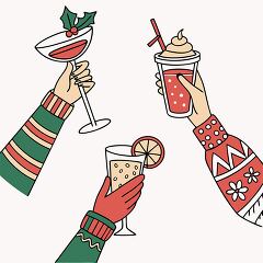 wearing holiday sweaters hands are shown holding drinks