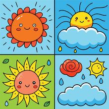 Weather Icons Set hand drawn with smiley face sun and clouds