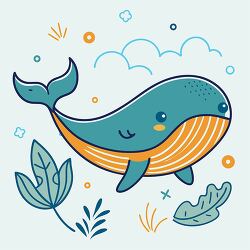 whale illustration shows a cheerful whale with leafy accents