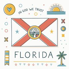 A creative representation of Florida, featuring its state flag adorned with a lively design. The background is filled with playful elements like a sun, heart, and palm tree, evoking the warmth and charm of the Sunshine State.