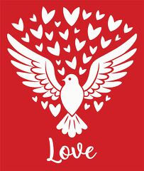 white dove in flight surrounded by hearts of love on a red