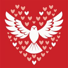 white dove with hearts on a red background representing love and