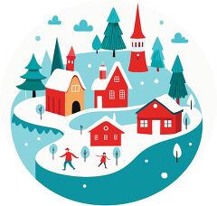 winter village; snowy scene; red houses; winter illustration; holiday town; snow-covered landscape; whimsical art