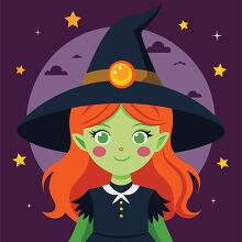 witch with orange hair and a pointed black hat smiles