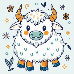 yak illustration shows a fluffy yak with curved horns and a chee