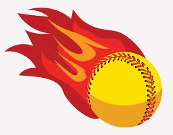 yellow softball with red flames trailing behind it