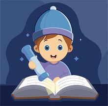 young boy with a beanie uses a flashlight to read