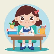 young girl sits at her school desk with books and pencils