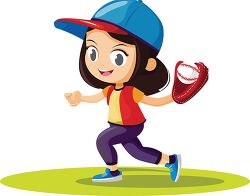 young girl with a softball glove running to catch the ball