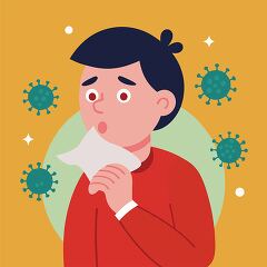 young man coughing with virus icons in the background