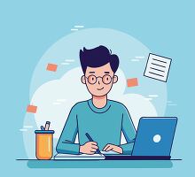 young man studies at a desk with a laptop and written notes