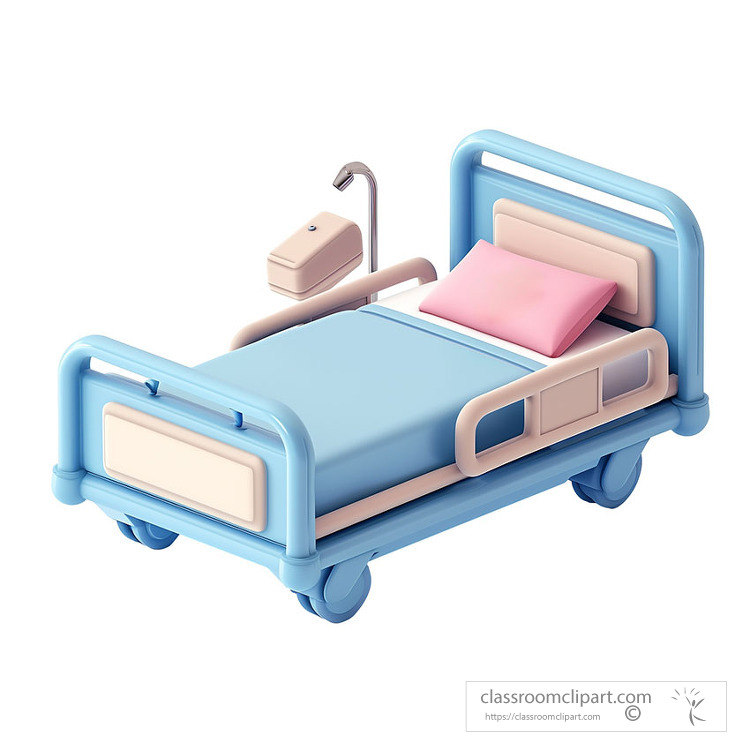 3D claymation style illustration of a hospital bed with a blue f