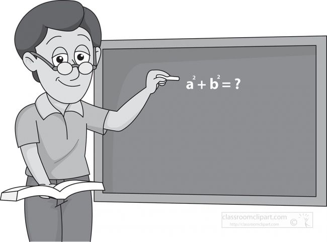 a teacher writing sum on board in classroom gray color clipart