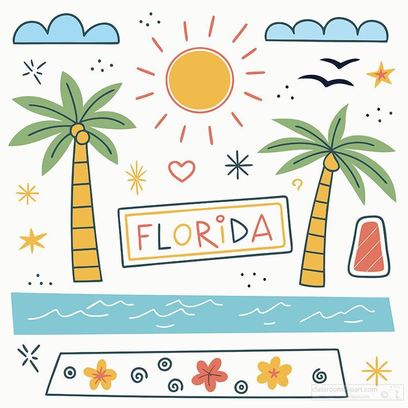 A vibrant Florida themed illustration with ocean and palm trees