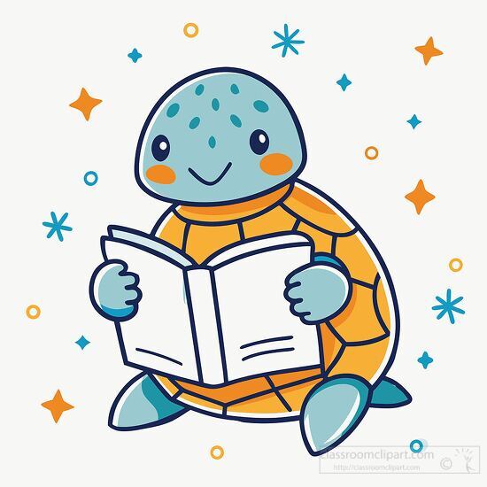 adorable baby turtle holds a book to read