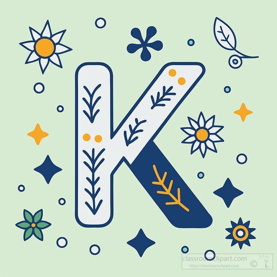 alphabet letter k bold line kawaii style flowers