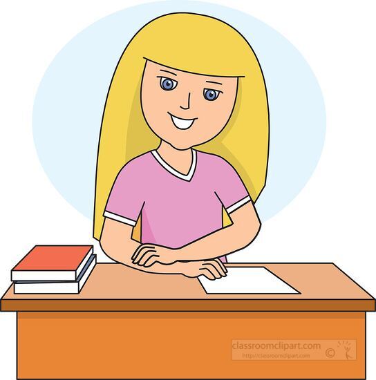 american student sits at her desk clip art