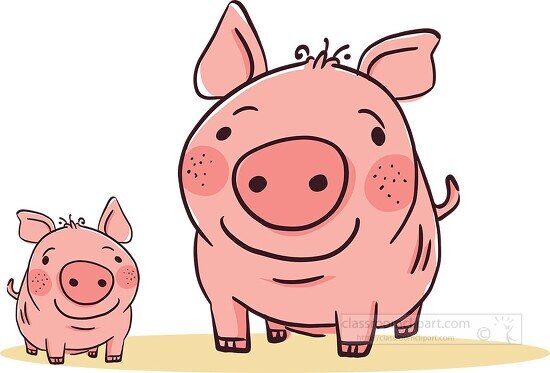 an adult pig with a young pig cartoon style simple clip art