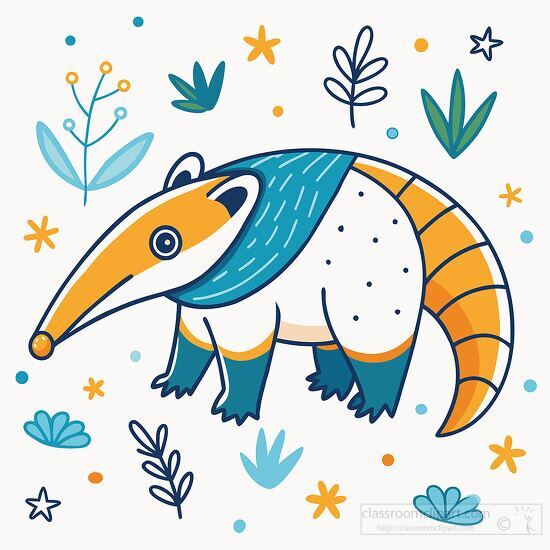 anteater with blue and orange patterns