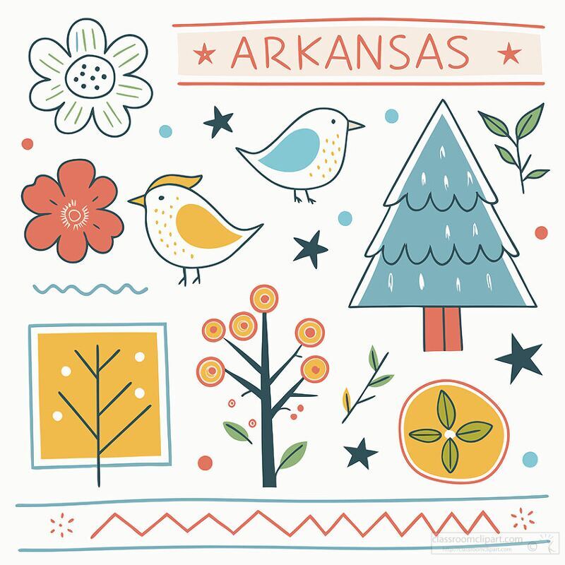 Arkansas state symbols clipart with a bird flowers and trees