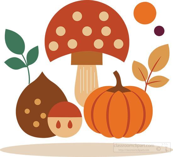 autumn mushrooms surrounded by fall leaves and a pumpkin