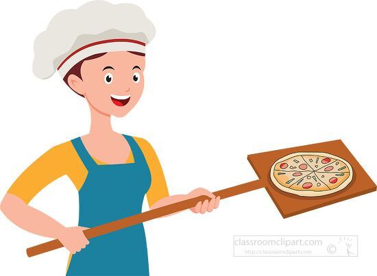 baker holding a wooden peel preparing to cook pizza