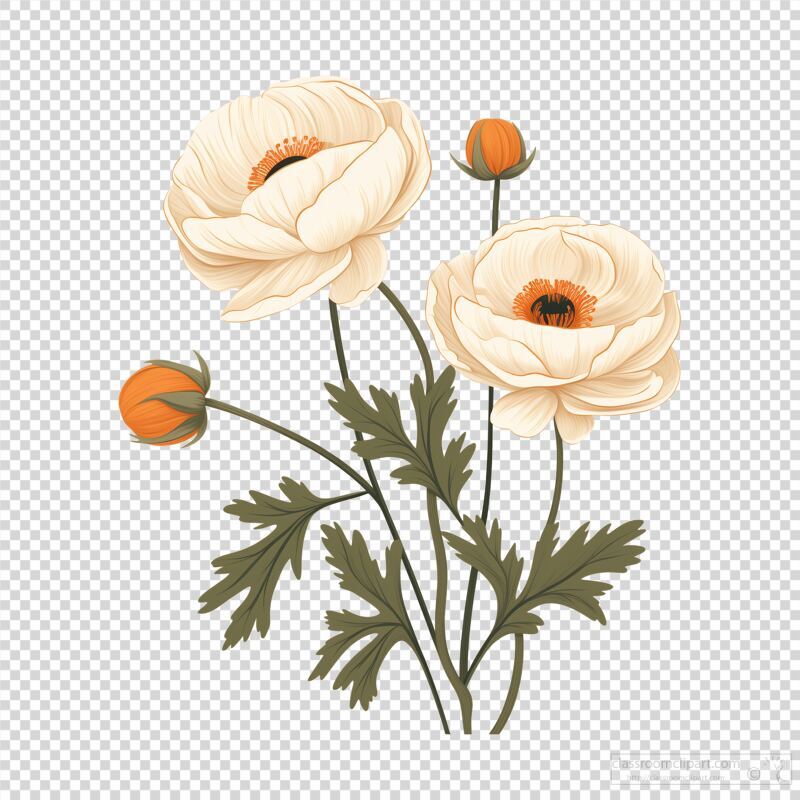 Beautiful Ranunculus Flowers With Leaves in Vector Art