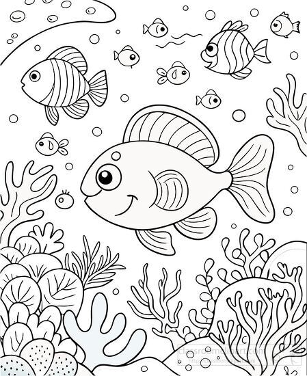 big fish swims happily among coral reefs coloring printable