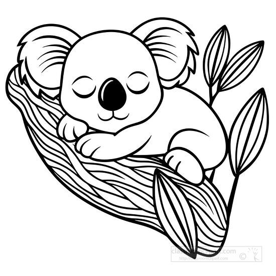 black and white coloring page showing a koala bear peacefully sl