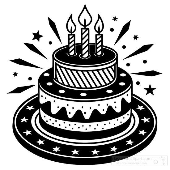 black and white illustration of a birthday cake