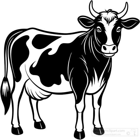 Black and white line illustration of a cow facing forward