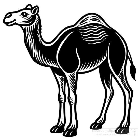 Black and white silhouette illustration of a camel