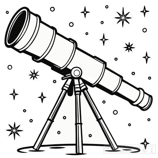 black and white telescope illustration with sparkling stars