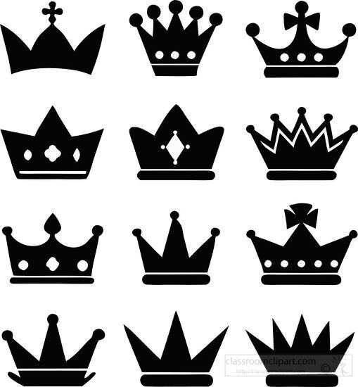 Black and white vector clipart of various crowns