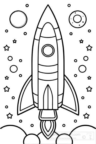 Black and white rocket vector image showing a spacecraft exploring the galaxy