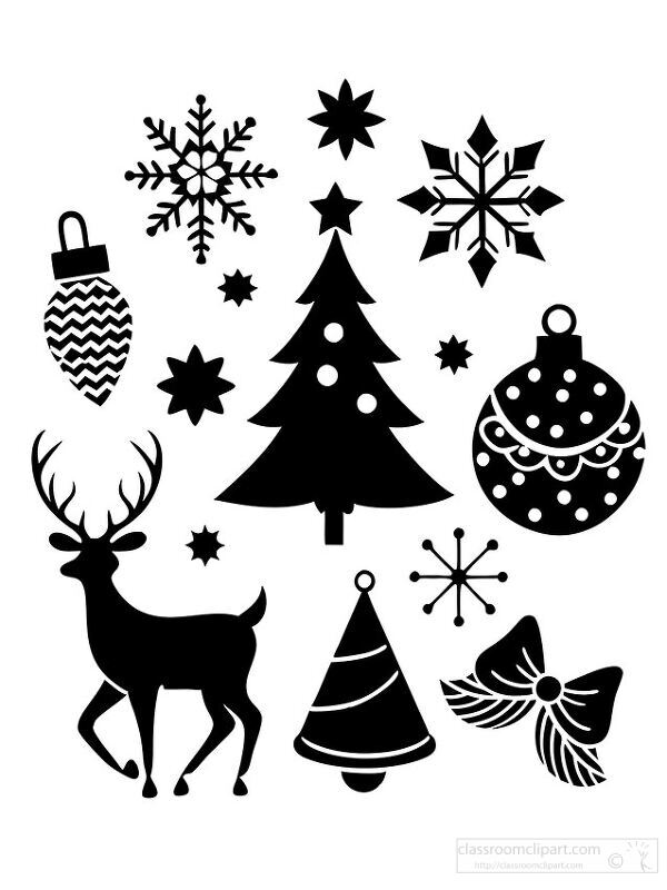 black silhouettes of Christmas symbols including a tree reindeer