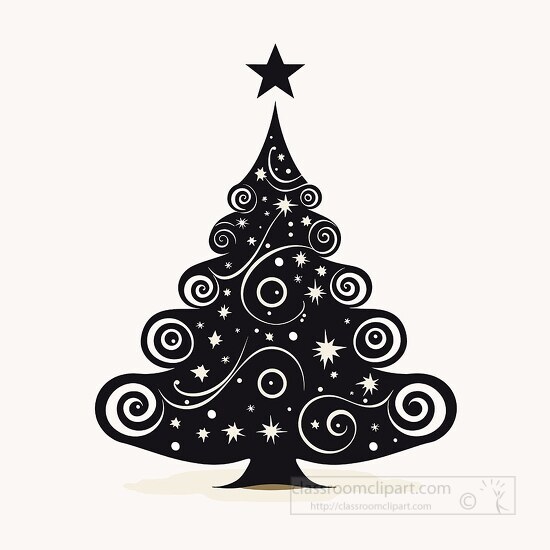 Black swirl patterned christmas tree with stars on a beige backg