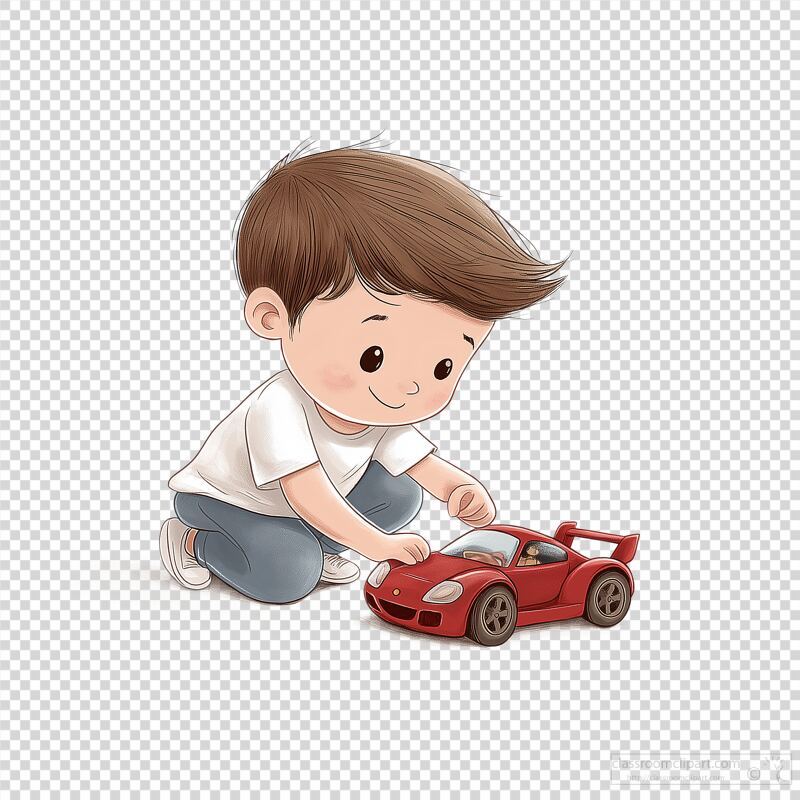 Boy Enjoys Playtime With Red Toy Car Indoors