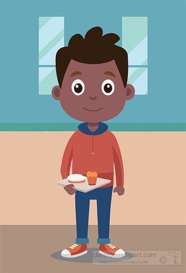 boy holding a tray with a sandwich and cupcake