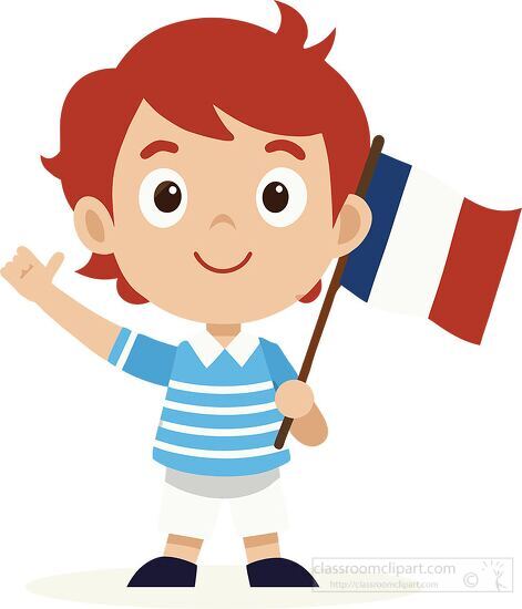 boy holds a  French flag in hand