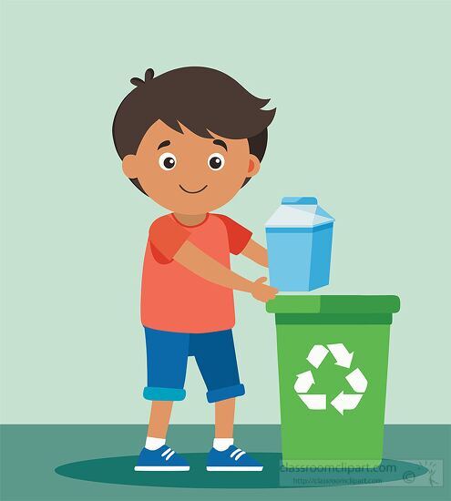 boy is smiling as places plastic bottles into a green recycling 