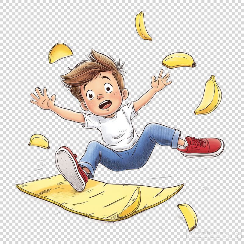 Boy Slipping on Banana Peels in a Playful Moment