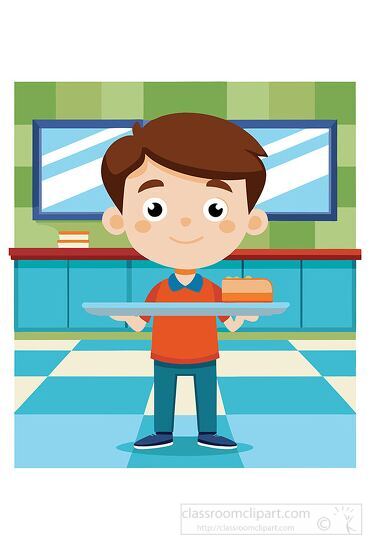 boy stands in the cafeteria holding a tray with food