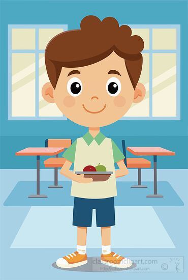 boy with a bowl of fruit in a school cafeteria