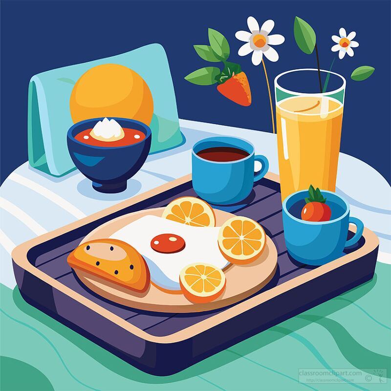 breakfast tray with eggs, toast, orange juice, and coffee, decorated with flowers and fruit