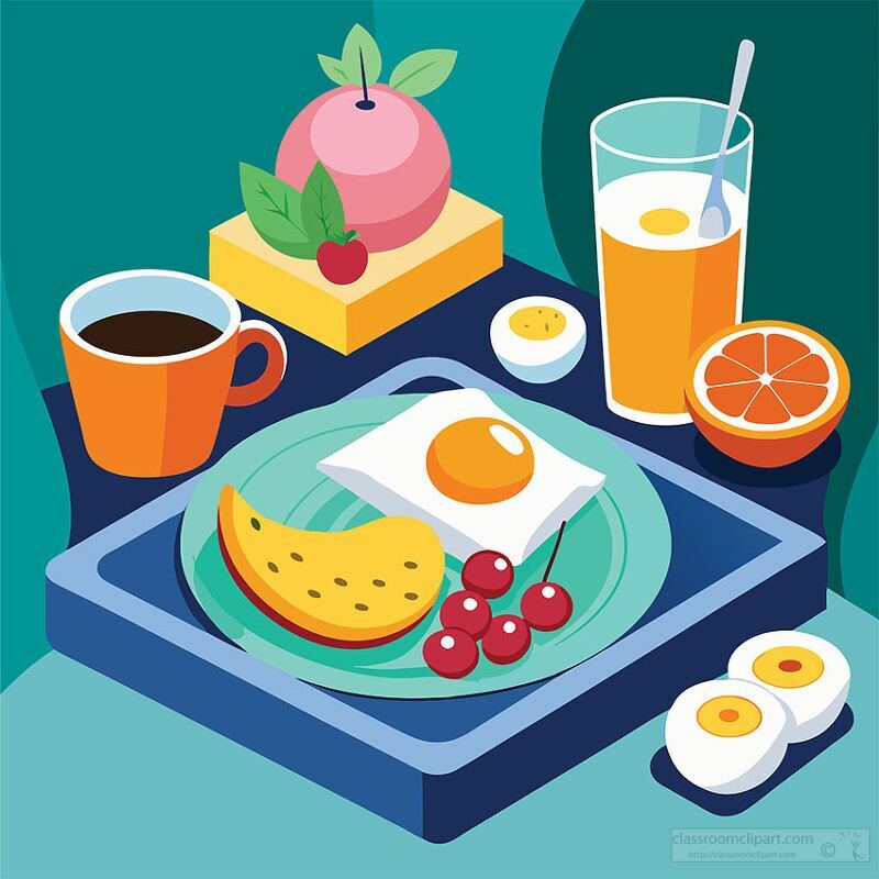 A vibrant breakfast tray with a sunny-side-up egg, cherries, sliced oranges, coffee, and orange juice - breakfast clipart