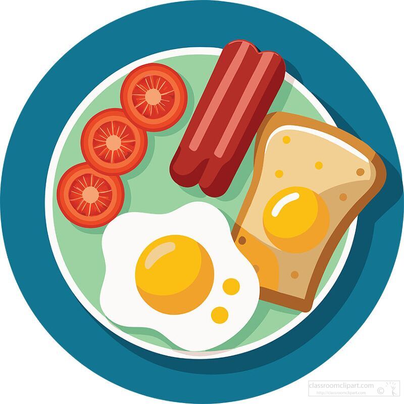 A delicious breakfast plate featuring sunny-side-up eggs, sausages, toast, and tomato slices - breakfast clipart