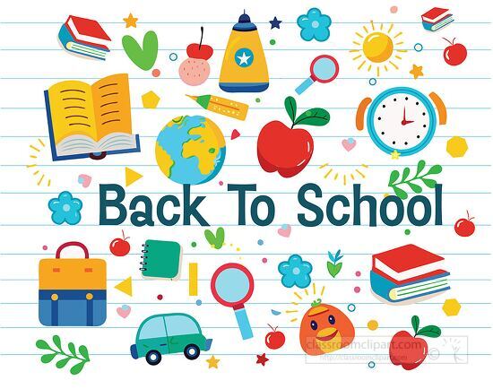 bright and cheerful Back To School text surrounded by school ico